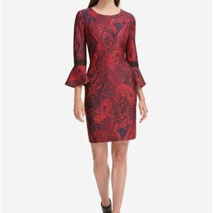 Tommy Hilfiger Red Paisley Print Bell Sleeve Scuba Sheath Dress Size 10 Stretch